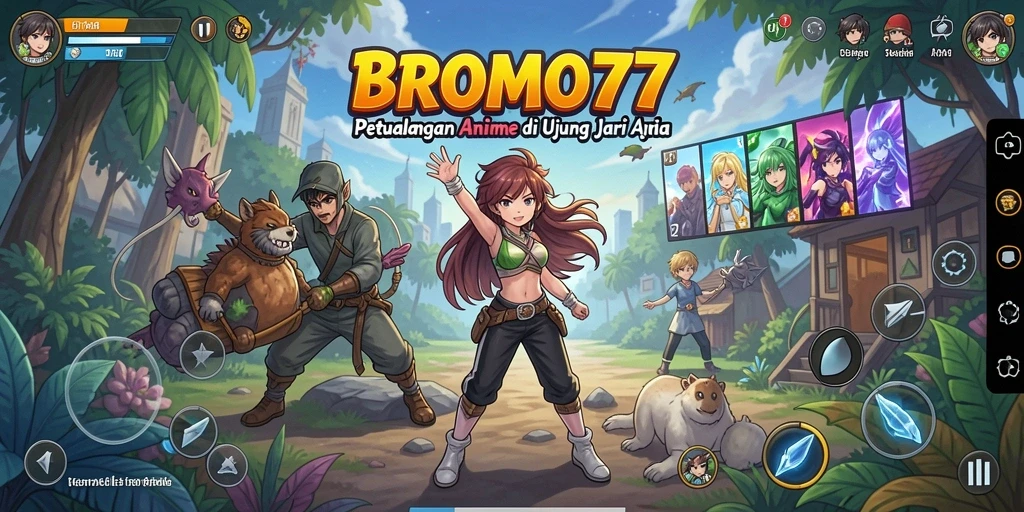 Screenshot gameplay BROMO77 menampilkan karakter anime yang beraksi dalam pertempuran seru.