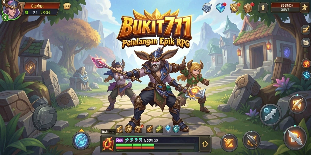 Tangkapan layar BUKIT777 menampilkan pertempuran seru di dunia RPG yang luas.