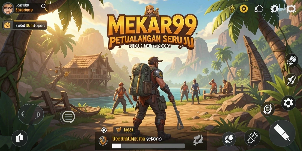 Screenshot utama MEKAR99 menampilkan aksi eksplorasi di dunia terbuka.