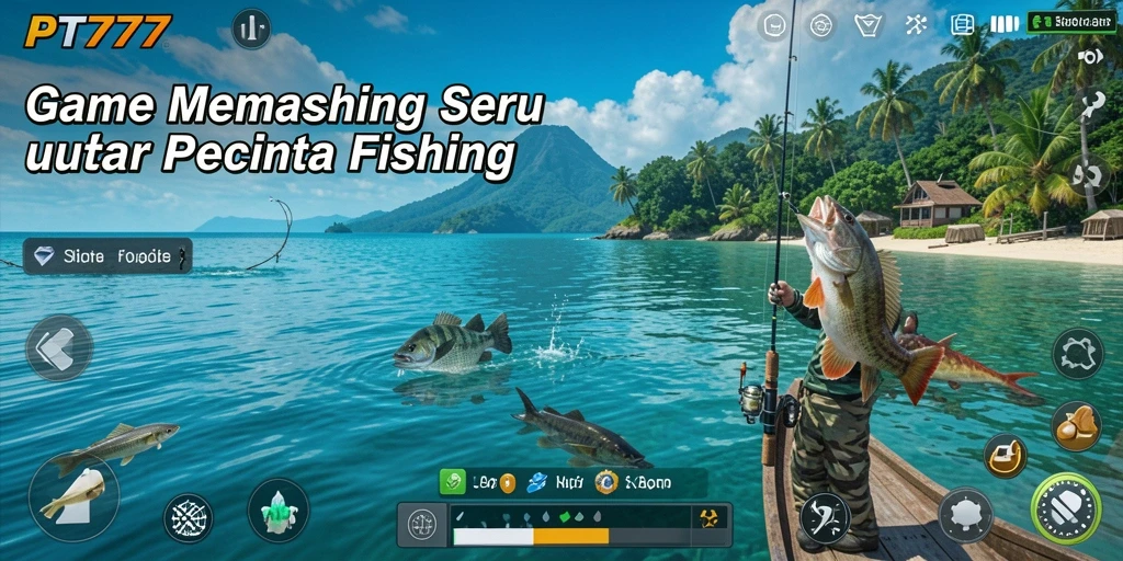 Screenshot gameplay PT777 menampilkan aksi seru memancing di lautan.