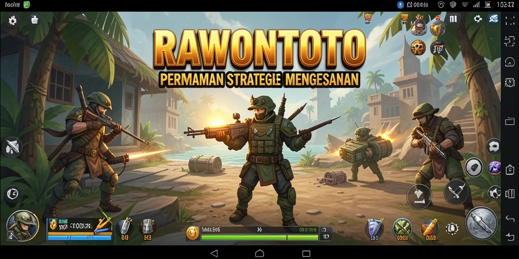 Tangkapan layar utama RAWONTOTO menampilkan pertempuran strategi yang mendebarkan.