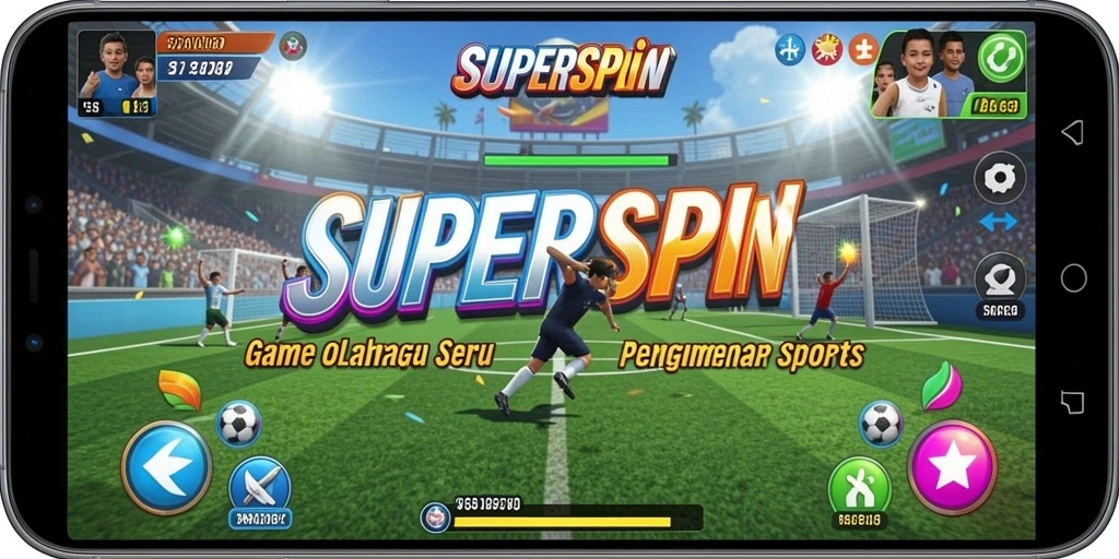 Tampilan gameplay SUPERSPIN yang seru dan menegangkan saat bertanding.