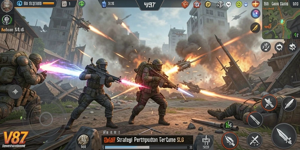Screenshot menunjukkan pertempuran epik dengan strategi mendalam dalam V87.