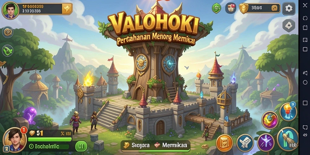 Screenshot utama VALOHOKI menampilkan peperangan menara yang seru.